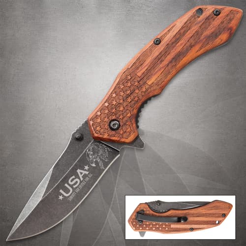 Open and closed view of the GET THE EDGE pocket knife featuring a wooden handle with an American flag design