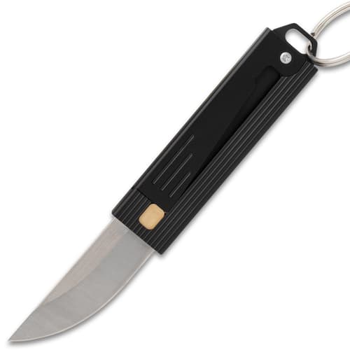 Black folding knife with a silver blade and keyring