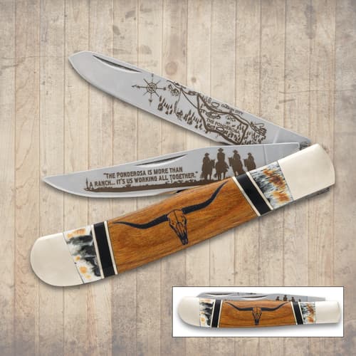 Decorative knife with engraved blades and wooden handle