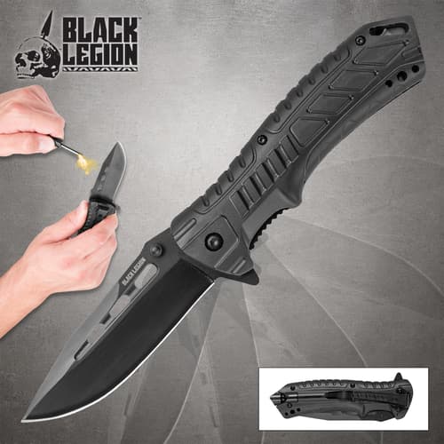 Open Black Legion pocket knife with a fire starter demonstration and inset showing the folded knife's pocket clip
