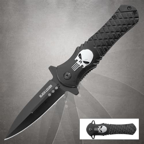 Black Legion Silver Skull pocket knife open, featuring a black textured handle with a skull and a serrated stainless steel blade