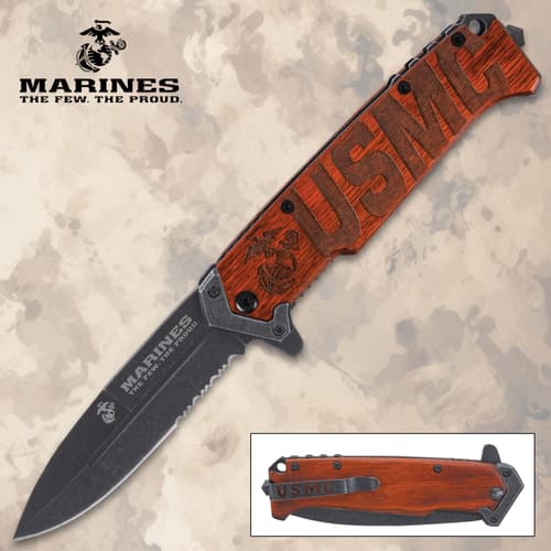 Folding knife with USMC engraved wooden handle