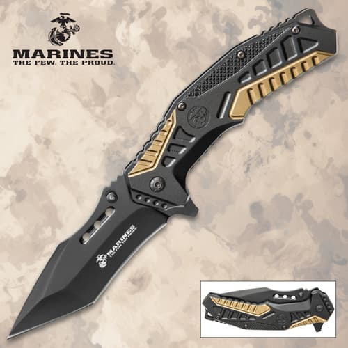 Black and gold tactical folding knife with Marines logo