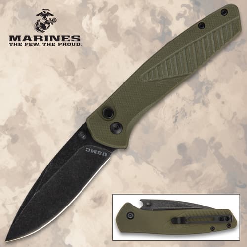 USMC folding knife with green handle and black blade