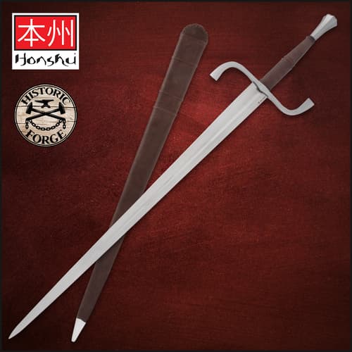 The Honshu Historic Forge German Long Sword is shown both in and out of its black leather sheath, next to images of the “Honshu,” “Historic Forge,” and “1065 Carbon Steel” logos.