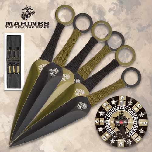 Set of five throwing knives with USMC logo and target