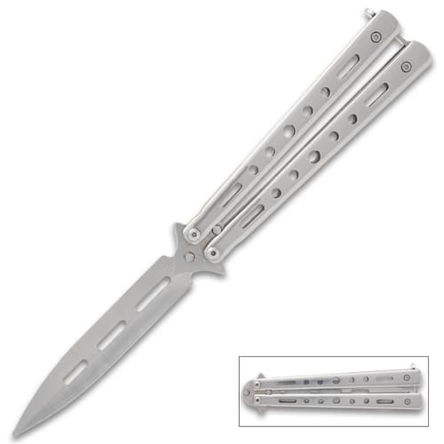 Silver butterfly knife with open blade and closed view inset