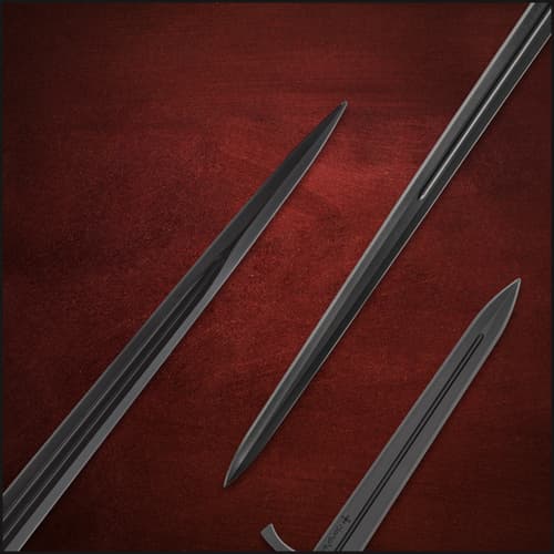 Close-up of three sword blades on a red background