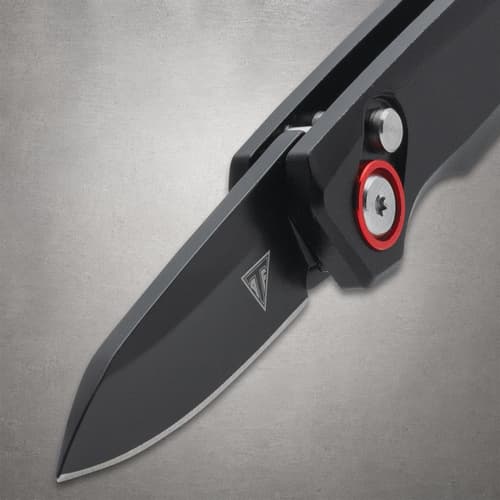 Close-up of black knife blade and button lock