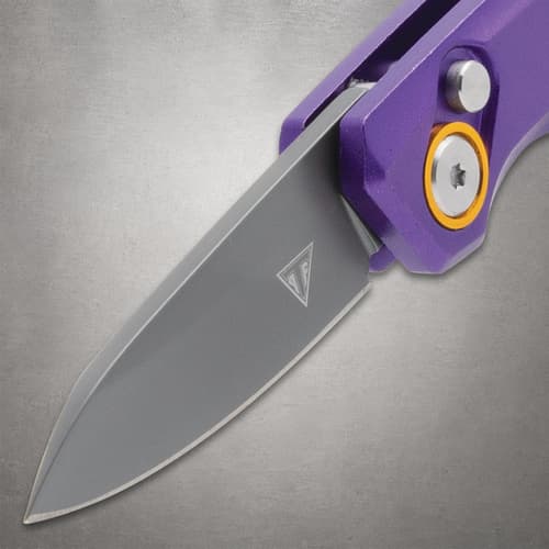 Close-up of knife blade and purple handle