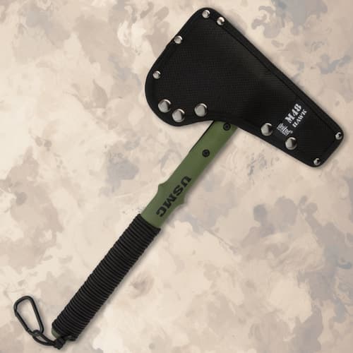 Tomahawk with black sheath covering the blade