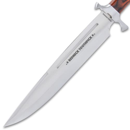 Close-up of knife blade with 'Redneck Toothpick' engraving