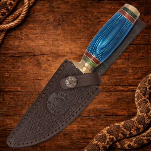 Knife in leather sheath on wooden surface with rope