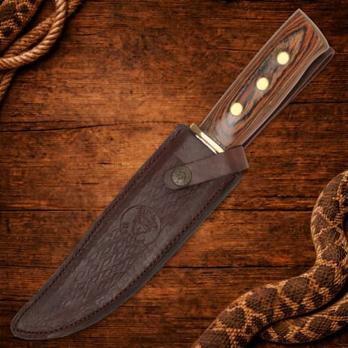 Knife in leather sheath on wooden background with rope