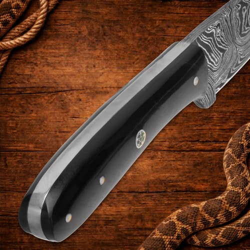 Close-up of knife handle with wood texture background