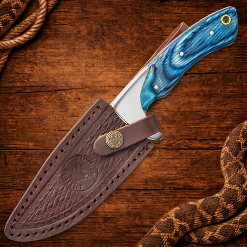 Knife in brown leather sheath on wood