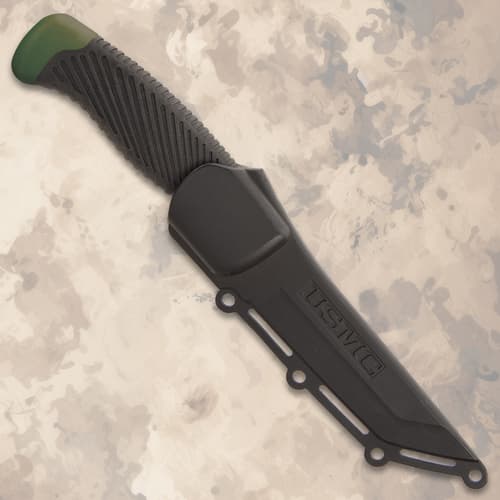 Knife in black sheath with USMC logo