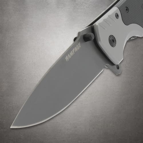 Close-up of Rampage knife blade with logo