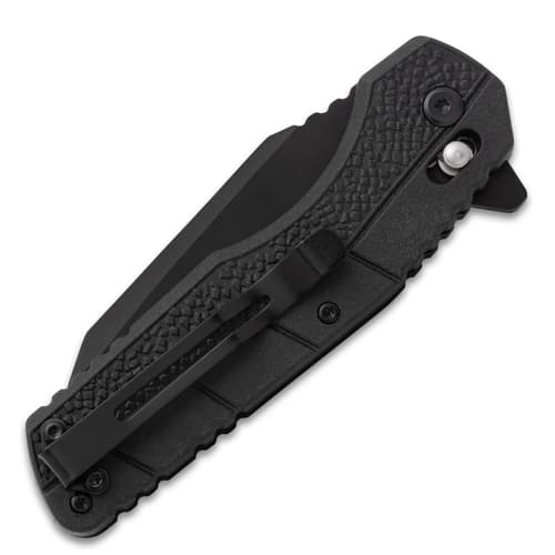 Closed black folding knife with pocket clip