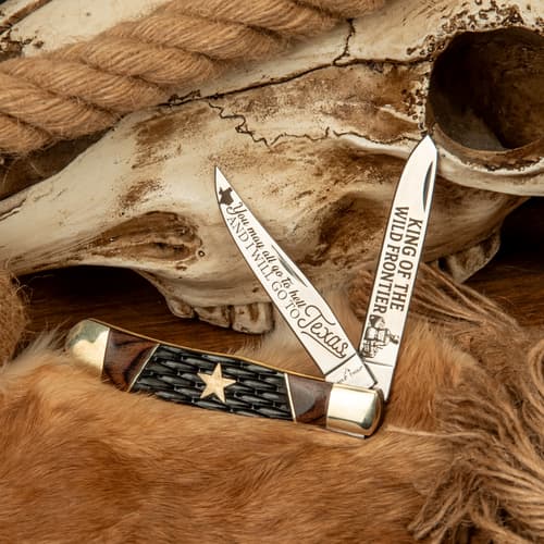 Knife with engraved blades on fur and skull background