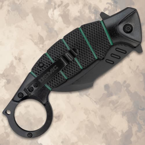 Closed USMC karambit knife with pocket clip