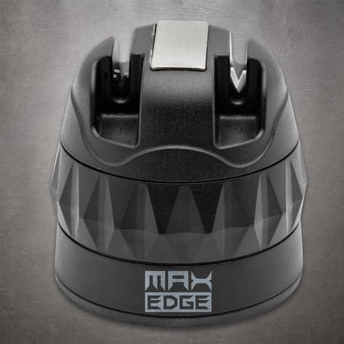 Black Max Edge sharpener with two numbered sharpening slots, a silver finishing strip, and a textured grip