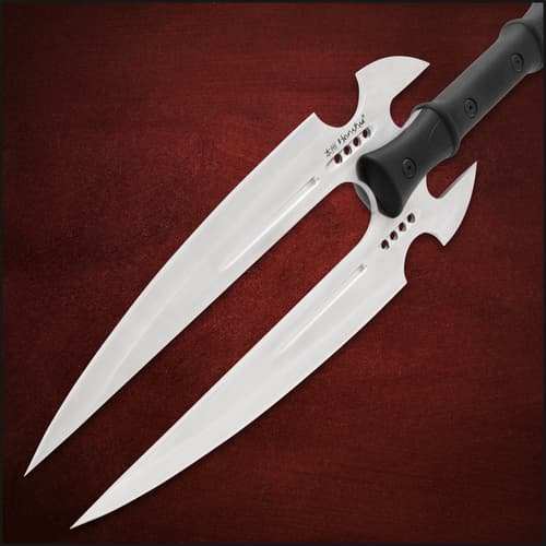 Close-up of twin stainless steel blades with black handle