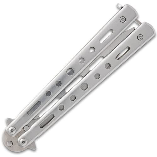 Closed silver butterfly knife with perforated handle