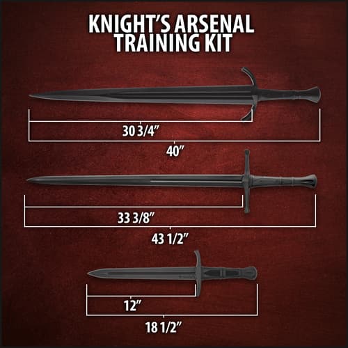 Three swords with measurements on a red background