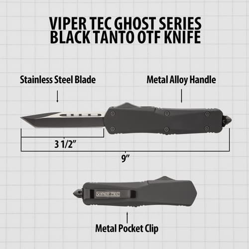 Viper Tec Ghost Series Black Tanto OTF Knife with dimensions and features labeled