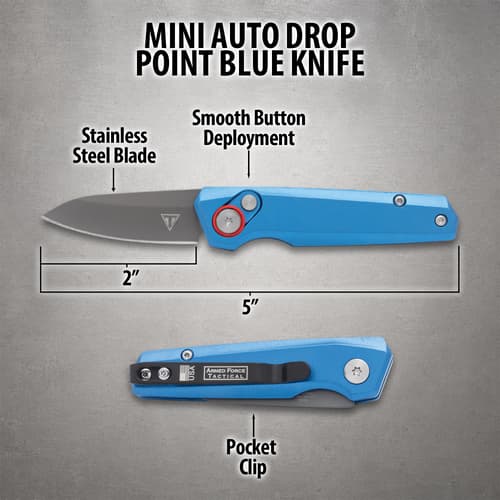 Diagram of mini auto drop point blue knife