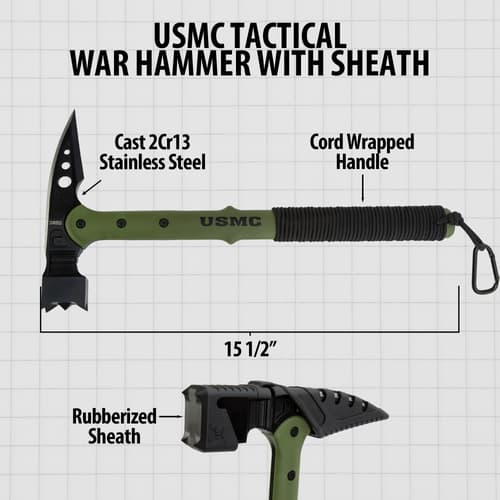 USMC tactical war hammer with sheath, labeled parts