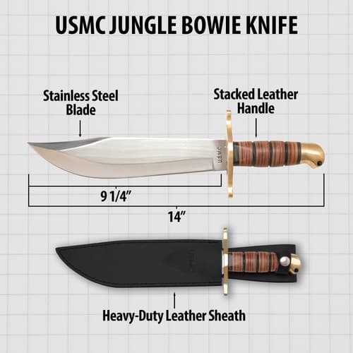 Diagram of USMC Jungle Bowie Knife with dimensions
