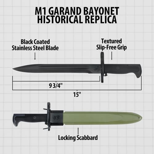 M1 Garand bayonet replica with dimensions and features labeled