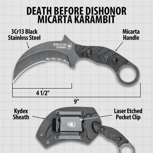 Diagram of karambit knife with sheath and specifications
