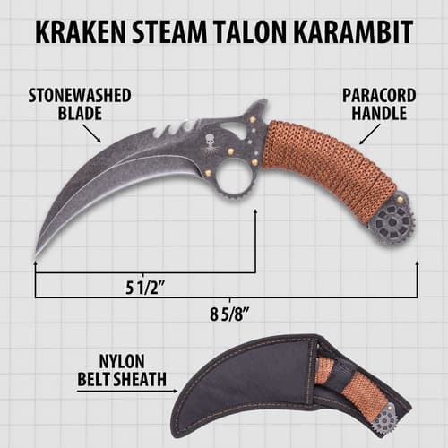 Diagram of Kraken Steam Talon Karambit with dimensions
