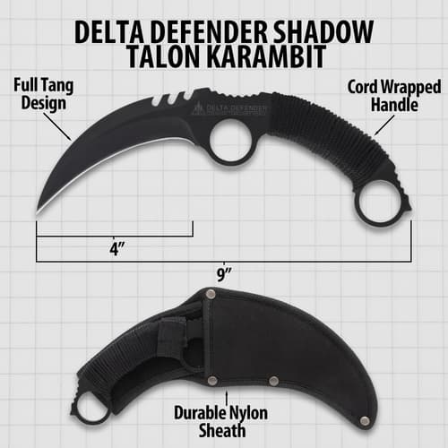 Diagram of Delta Defender Shadow Talon Karambit with measurements