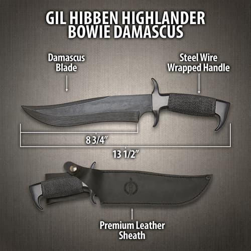 Diagram of Gil Hibben Highlander Bowie knife with sheath