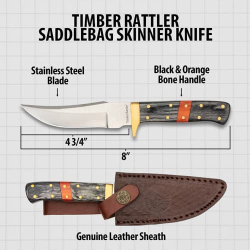 Diagram of Timber Rattler knife with measurements and sheath