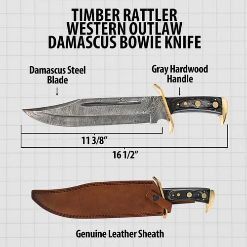 Diagram of Damascus Bowie knife with dimensions and sheath