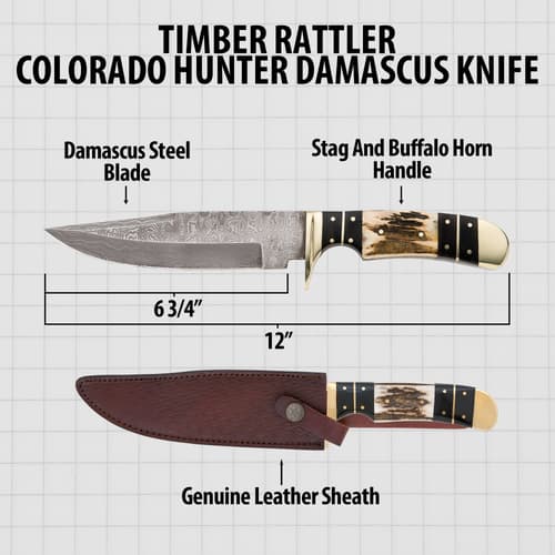 Diagram of Timber Rattler knife with dimensions and sheath