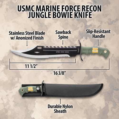 Diagram of USMC Marine Force Recon Jungle Bowie Knife features