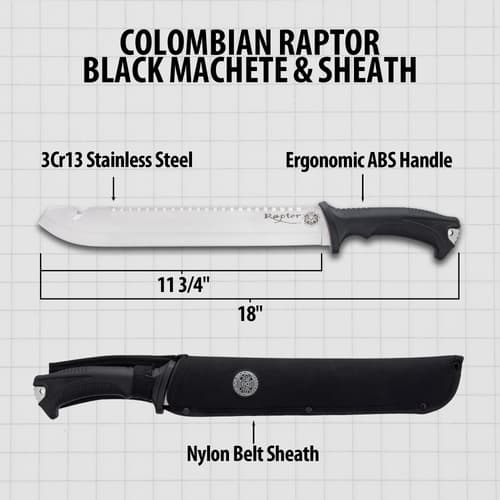 Diagram of Colombian Raptor machete with sheath and specs