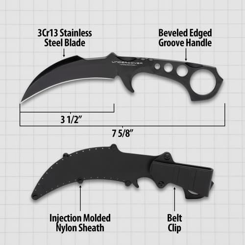 Diagram of knife with measurements and sheath details
