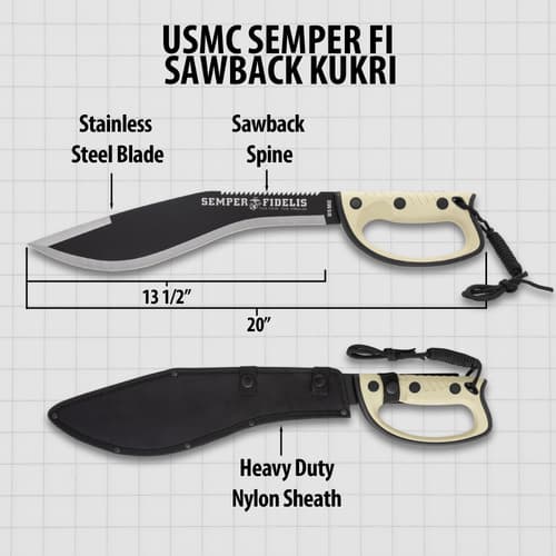 Diagram of USMC Semper Fi Sawback Kukri with dimensions