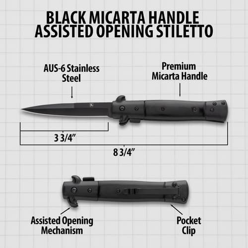 Diagram of black stiletto knife with measurements and features