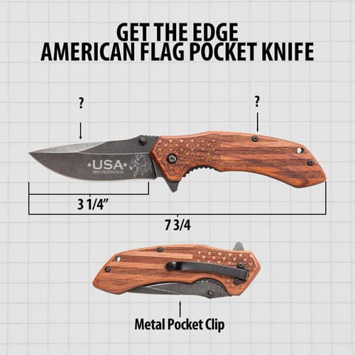 Diagram of the GET THE EDGE pocket knife showing measurements with an American flag handle