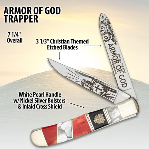 Knife with 'Armor of God' theme, detailed description text