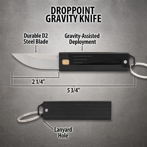 Diagram of a droppoint gravity knife with measurements and features