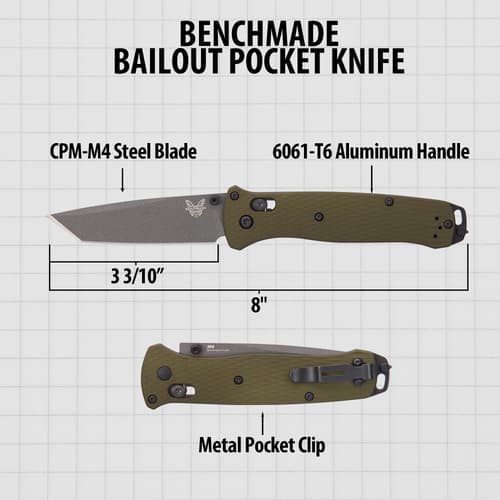 Benchmade Bailout pocket knife with dimensions and material details